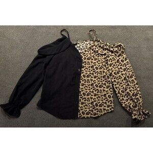 Shein Womens Top Small Leopard Print VNeck Pullover Off Shoulder Dressy Blouse